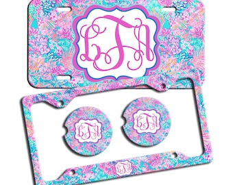 Preppy Palm Beach Pink Blue Personalized License Plate Frame Car Tag Car Coasters Monogram Car Accessories Vanity Plate