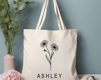 Personalized Flower Tote Bag, Custom Birth flower gift, Canvas Tote, Birthday gift for her, Gift for mom, Bridesmaid Gift