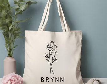 Personalized Flower Tote Bag, Custom Birth flower gift, Canvas Tote, Birthday gift for her, Gift for mom, Bridesmaid Gift