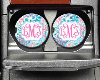 PInk Blue Floral Monogram Car Coaster, Car Accessories for her, Floral Auto coaster, Coaster, Cup Holder Coaster, Gift For Her