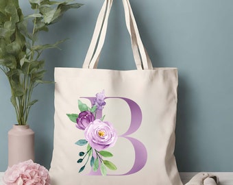 Personalized Violet Floral Initial Tote Bag, Custom Canvas Tote, Birthday gift for her, Gift for mom, Bridesmaid Gift