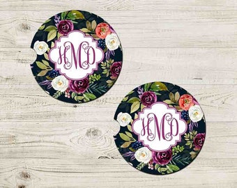 Floral Monogram Car Coaster, Car Accessories for her, Floral Auto coaster, Coaster, Cup Holder Coaster, Gift For Her