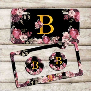 Black Floral License Plate - Monogram Car Tag, Front License Plate Personalized Plate, Car Coaster, Custom License Plate