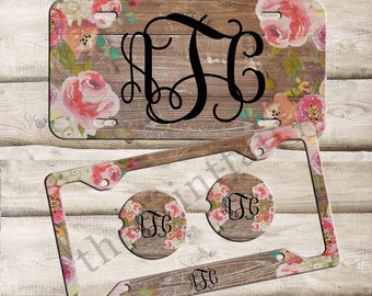 Coral Floral Monogram License Plate Frame - Gray - Personalized Car Tag New-669948
