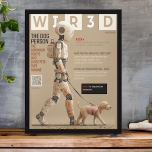 May include: Framed print featuring a robot walking a dog, with the text "WIRED 3D" at the top. The image is a magazine cover with the title "THE DOG PERSON". The robot is beige and orange, and the dog is light yellow.