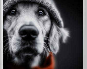 May include: A grayscale portrait of a dog wearing a gray knit cap and a red scarf. The dog's eyes are a striking blue. The words "Winter Companion" are written in white script at the bottom of the image.