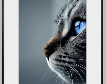 May include: A framed print featuring a detailed illustration of a cat's face in profile. The cat has striking blue eyes, a brown nose, and gray and white fur. The artwork is set against a soft gray background, enhancing the cat's features.