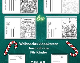 May include: A collection of six Christmas-themed colouring postcards. Each card features a black and white illustration with text like "Merry Christmas" and "Happy Holidays". The rectangular postcards have space for a message and address.