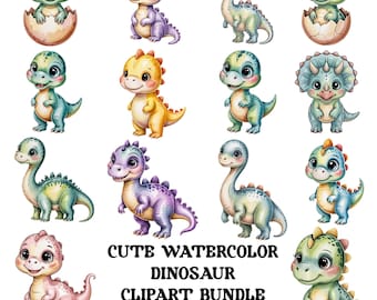 Può includere: Una collezione di clipart di dinosauri ad acquerello in vari colori, tra cui verde, giallo, viola e rosa. I dinosauri hanno grandi occhi e sono in pose diverse. Il testo in basso recita "CUTE WATERCOLOR DINOSAUR CLIPART BUNDLE" e "20 PNG-300 DPI".