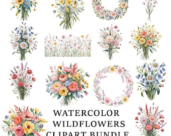 May include: Watercolor wildflowers clipart bundle featuring various bouquets, wreaths, and floral arrangements. The image showcases a variety of colorful flowers in shades of pink, yellow, blue, and purple. Text on the image reads "Watercolor Wildflowers Clipart Bundle 30 PNG-300 DPI."