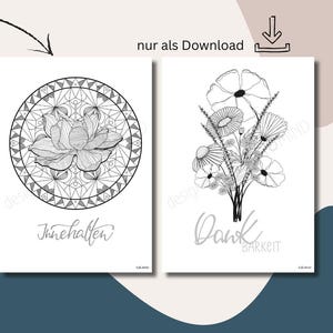 Könnte beinhalten: Drei schwarz-weiße Kunstdrucke mit Blumenmotiven. Einer zeigt Blumen in einer Tasse, ein anderer ein Lotus-Mandala und der dritte einen Blumenstrauß. Texte: "meine Pause", "Innehalten" und "Dankbarkeit".