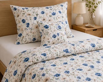 Juego de ropa de cama Blue Poppy, juego de funda nórdica 100% algodón, ropa de cama estilo cottagecore, ropa de cama botánica, ropa de cama de flores silvestres, ropa de cama floral hecha a mano