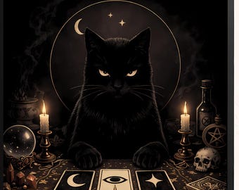 Black Cat Tarot Wall Art, Mystic Occult Cat Poster, Witchy Gothic Home Decor, Tarot Reader Gift