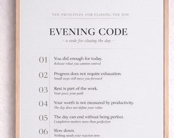 Evening Code Matte Poster | Minimalist Evening Routine Wall Art, Calm Bedroom Typography Print, Neutral Night Decor