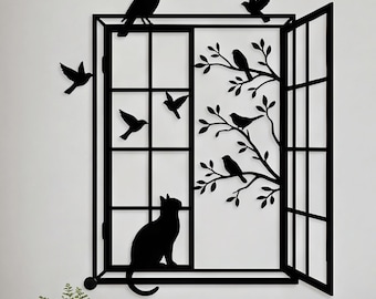 Personalized Cat Window Metal Wall Art, Custom Flying Bird Silhouette, Nature Home Decor Gift