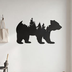 Bear Forest Silhouette Metal Wall Art, Custom Personalized Nature Sign, Rustic Wilderness Home Decor