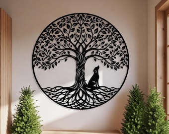 Tree of Life Dog Metal Wall Art, Oversized Zen Dog Lover Decor, Animal Lovers Metal Sign | Meditative Home Decor