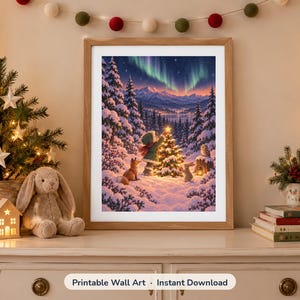 Woodland Christmas Tree Print, Fox Hare Owl Wall Art, Storybook Kids Christmas Printable, Winter Nursery Decor, Digital Download