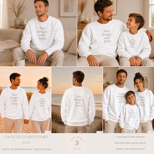 Könnte beinhalten: Ein weißes Sweatshirt mit Rundhalsausschnitt und dem grauen Schriftzug Your design, your story auf der Brust. Das Kleidungsstück hat lange Ärmel sowie gerippte Bündchen am Kragen und an den Ärmeln, dargestellt in verschiedenen Szenarien.