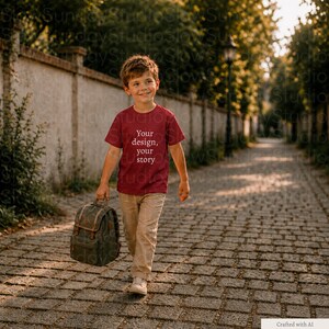 May include: A maroon short-sleeved t-shirt with the white text Your design, your story printed on the chest, paired with tan trousers and a dark olive green canvas backpack with brown leather-like straps and accents.
