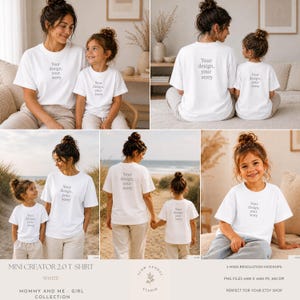 Könnte beinhalten: Eine Kollektion weißer T-Shirts mit dem Text Your design, your story in schlichter grauer Schrift. Die T-Shirts werden in verschiedenen Innen- und Außenbereichen gezeigt und von Erwachsenen und Kindern als passende Sets getragen.
