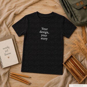Könnte beinhalten: Ein schwarzes Kurzarm-T-Shirt mit dem weißen Text Your design, your story mittig auf der Brust. Das Shirt liegt neben einem spiralgebundenen Notizbuch mit dem Text ready set learn und einer Holzbox, die mehrere Bleistifte enthält.