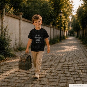 May include: A black short-sleeved t-shirt with the white text "Your design, your story" printed on the front, paired with tan trousers and a dark green backpack. The garment features a crew neckline and a standard fit, worn by a young child.