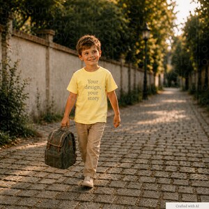 May include: A light yellow t-shirt with the text Your design, your story printed in dark gray on the front. The shirt features a crew neckline and short sleeves, paired with light tan trousers and a dark olive green backpack with brown straps.