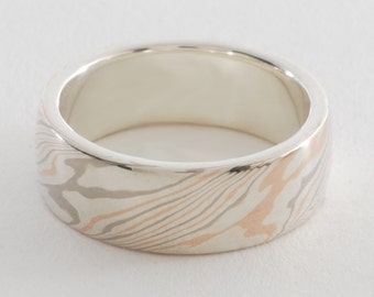 Mokume Gane Band Tricolor, Wide: 14K Palladium White Gold, 14K Rose/Red Gold & Sterling Silver Mokume Gane, with a Sterling Silver liner