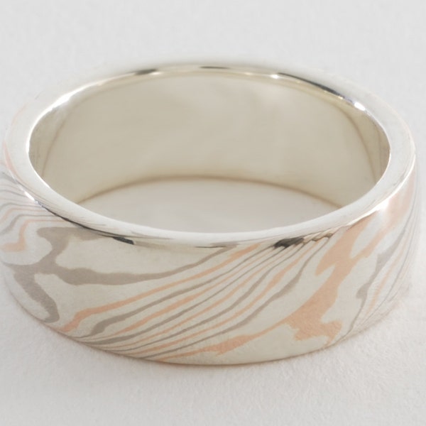 Mokume Gane Band Tricolor, Wide: 14K Palladium White Gold, 14K Rose/Red Gold & Sterling Silver Mokume Gane, with a Sterling Silver liner