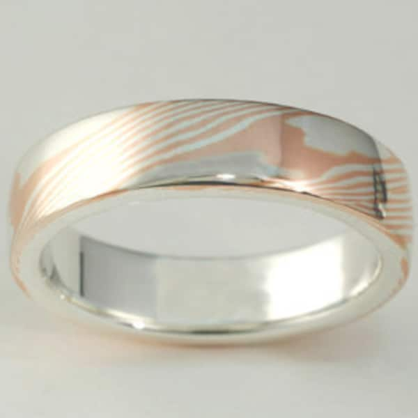 Mokume Gane Band, Narrow: 14kt Red/Rose Gold and Sterling Silver Mokume Gane with a Sterling Silver Liner. Mokume Gane Ring