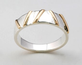 Gold and Silver Wedding Band: Yellow Gold and Sterling Silver Gold Bars Band Ring - Narrow