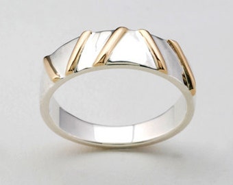 Alianza de boda de oro y plata: Anillo con barras de oro amarillo y plata de ley - Estrecho