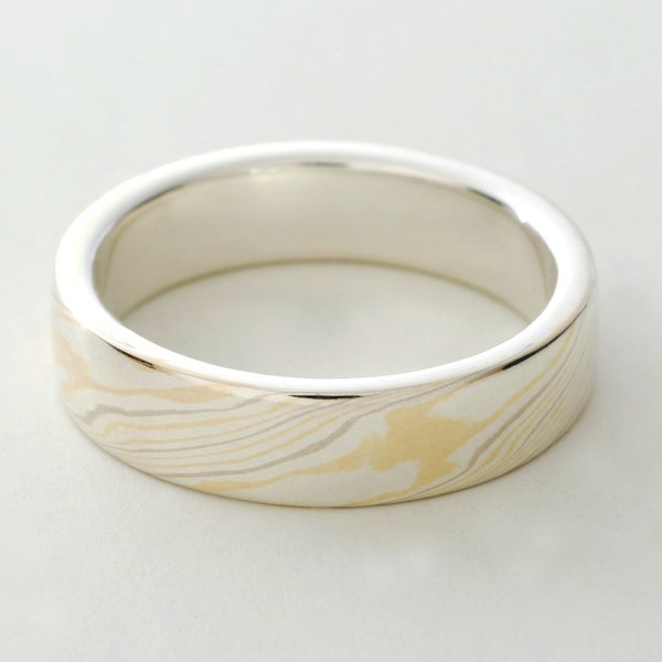 Mokume Gane Band Quad Color, Narrow: 18K Yellow, Red, and Palladium White Gold with Sterling Silver Mokume Gane with a sterling silver liner