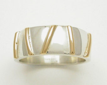 Wide Wedding Ring: Yellow Gold and Sterling Silver Gold Bars Band Ring