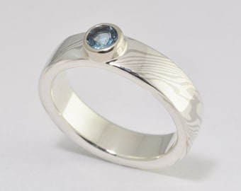 Mokume Gane Engagement Ring, Aquamarine Mokume, Woodgrain metal, Mokume Gane Rings, Wedding Ring, Bezel setting, Aquamarine Engagement