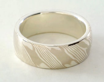 REDUCED PRICE Mokume Gane Ring: One only, size 7! 14kt palladium white gold and sterling silver mokume gane with sterling silver liner