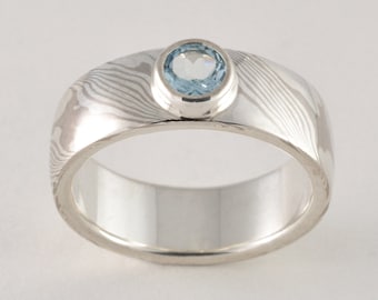 Anillo Mokume Gane con aguamarina, Anillos Mokume Gane, Anillo de compromiso Mokume, Aguamarina engastada en bisel, Anillo de boda, Engaste de bisel, Mokume Gane