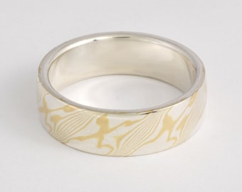 Mokume Gane Band, Wide: 22kt Yellow Gold and Sterling Silver Mokume Gane with a Sterling Silver Liner. Mokume Gane Ring