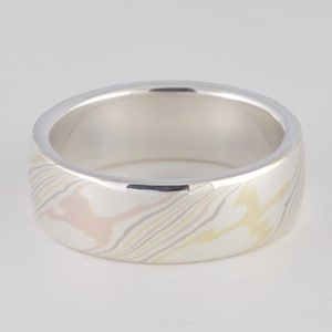 Mokume Gane Band Quad Color, Wide: 18K Yellow, Red, and Palladium White Gold with Sterling Silver Mokume Gane with a sterling silver liner