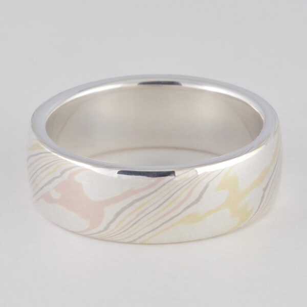 Mokume Gane Band Quad Color, Wide: 18K Yellow, Red, and Palladium White Gold with Sterling Silver Mokume Gane with a sterling silver liner