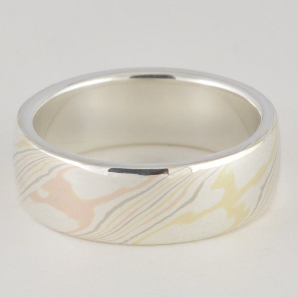 Mokume Gane Band Quad Color, Wide: 18K Yellow, Red, and Palladium White Gold with Sterling Silver Mokume Gane with a sterling silver liner