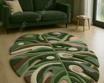 Hand-Tufted Wool Rug, Green Leaf Shape, Tropical Decor Iruglar