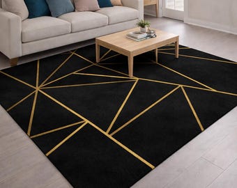 Tappeto in lana trapuntato a mano: moderno, geometrico nero con rettangolo dorato