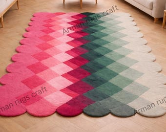 Hand Tufted Wool Rug – Pink Green Gradient Scalloped Edge Modern Carpet