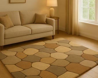 Hand Tufted Wool Rug, Neutral Geometric Carpet, Custom Size