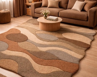 Hand-Tufted Wool Area Rug, Abstract Wavy Beige Brown Contemporary Floor Mat irregular