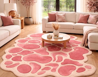 Tappeto astratto in lana trapuntato a mano, forma organica, tappeto moderno di grande impatto rosa beige irregolare