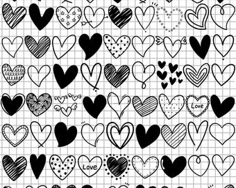 May include: A collection of black and white heart doodles on a grid background. The hearts are in various styles, some solid, some outlined, and some with patterns or the word "Love". The grid is light grey.