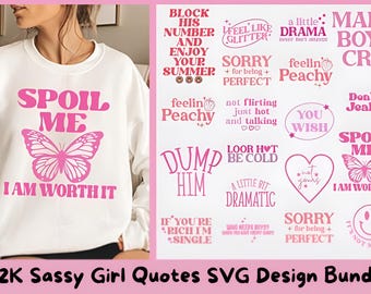 May include: White sweatshirt with the text "SPOIL ME I AM WORTH IT" in pink, along with a pink butterfly graphic. The image also includes various pink text designs with sassy quotes.